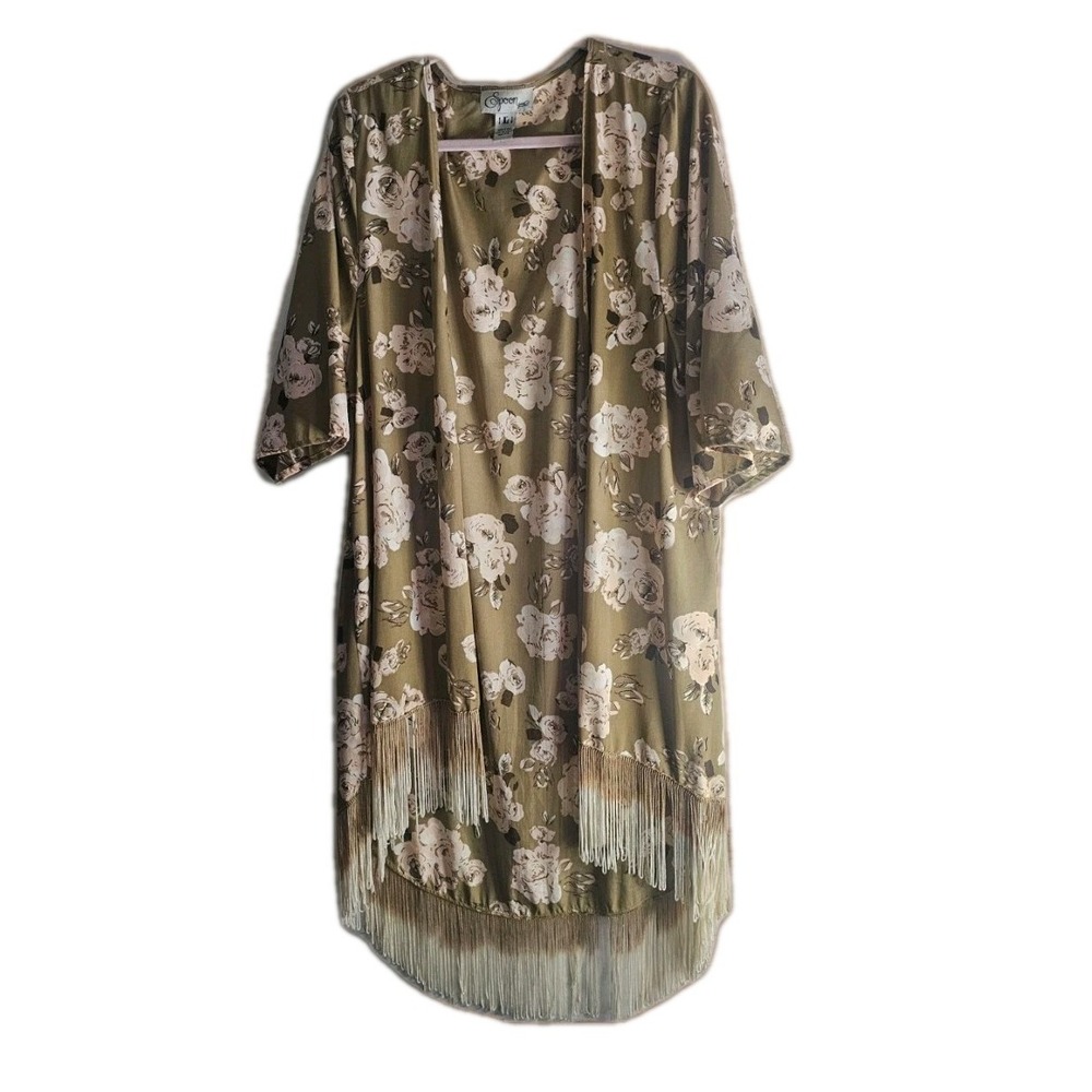 Boho Paisley Open Front Kimono‎ Cardigan Olive Floral Flowy L Chic Versatile